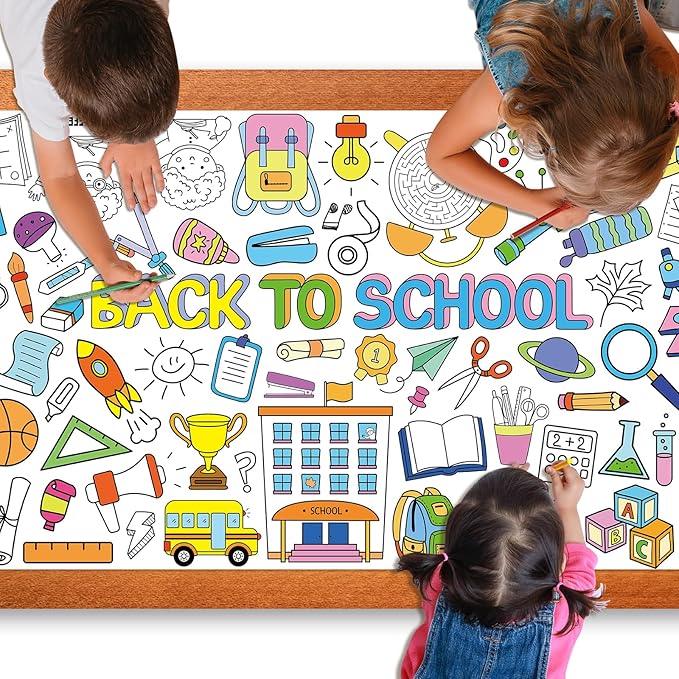 Back to School Large Coloring Poster for Kids 30 x 72 Inch, Giant Coloring Paper Tablecloth Decorations, Color-in Activities Games for Classroom Supplies Must Haves