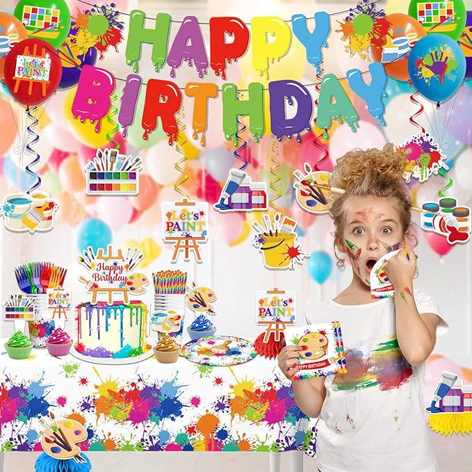 200pcs Paint Party Decorations for Kids and Art Lovers, Convenient Disposable Paper Tableware Set Includes 300gsm Plates and 2 PE Plastic Tablecloths for Paint Party and Celebration