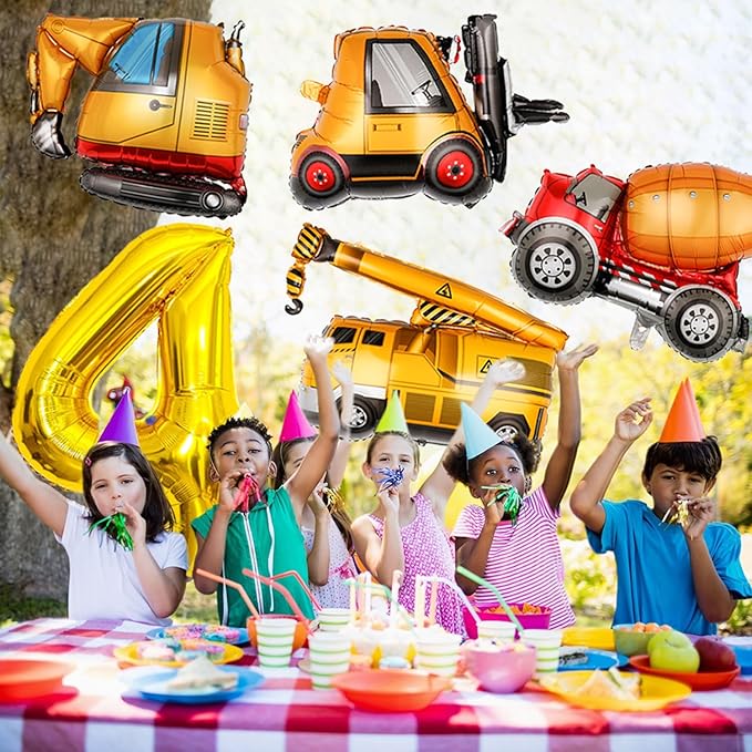 Construction Birthday Party Supplies 4 Year Old, Large Construction Balloons 40Inch Gold Number 4 Balloon Construction Truck Foil Balloons for Boys 4th Construction Birthday Party Decorations