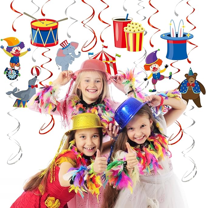 24 Pcs Carnival Hanging Swirl Party Decorations, Circus Clown Animals Theme Party Ceiling Decor Double Sided Circus Decorations for Home Classroom Birthday Party Favors