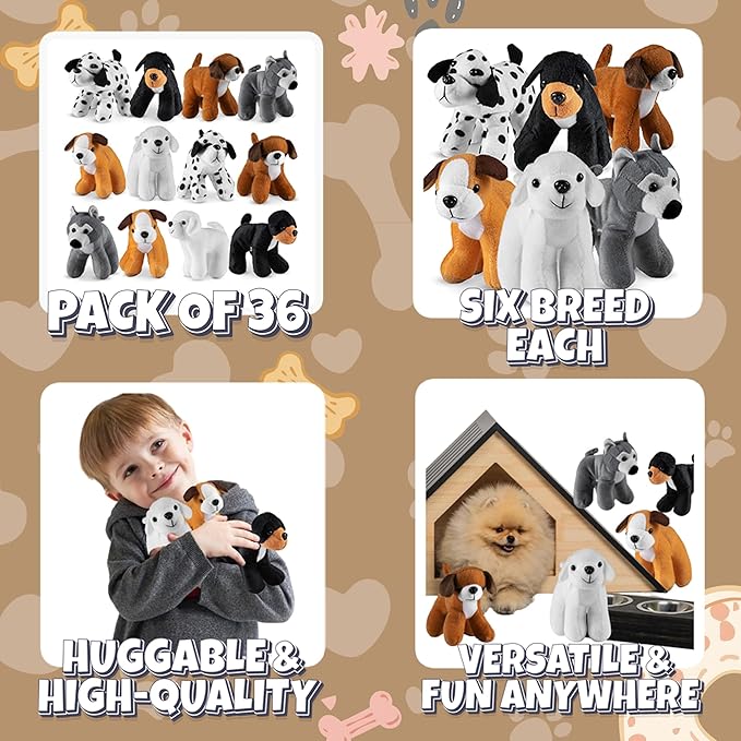 Bedwina Plush Puppy Dogs - (Pack of 36) 6 Inches Tall Stuffed Animals Bulk Assorted Puppies and Cute Stuffed Plushed Dog Puppies Assortment, Stocking Stuffers