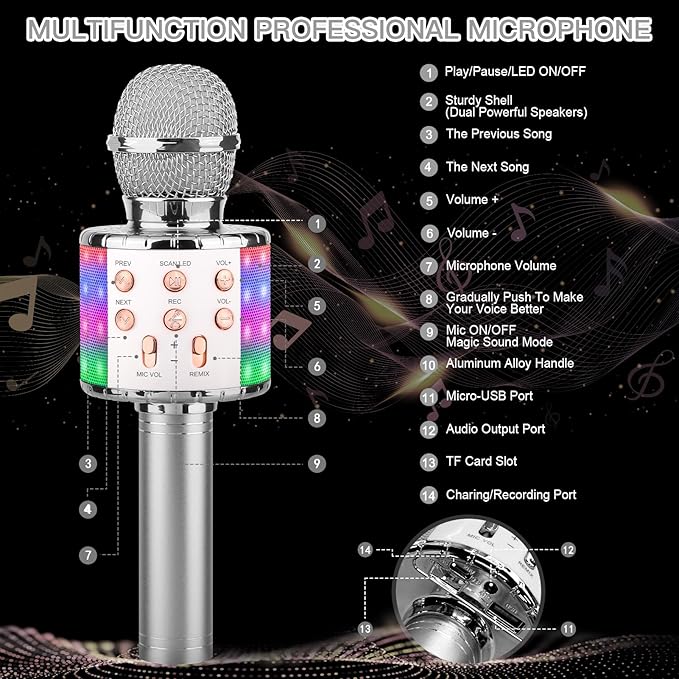 ShinePick Karaoke Microphone, 4 in 1 Wireless Microphone with LED Lights Handheld Portable Karaoke Machine, Home KTV Player, Compatible with Android & iOS Devices (Silver)
