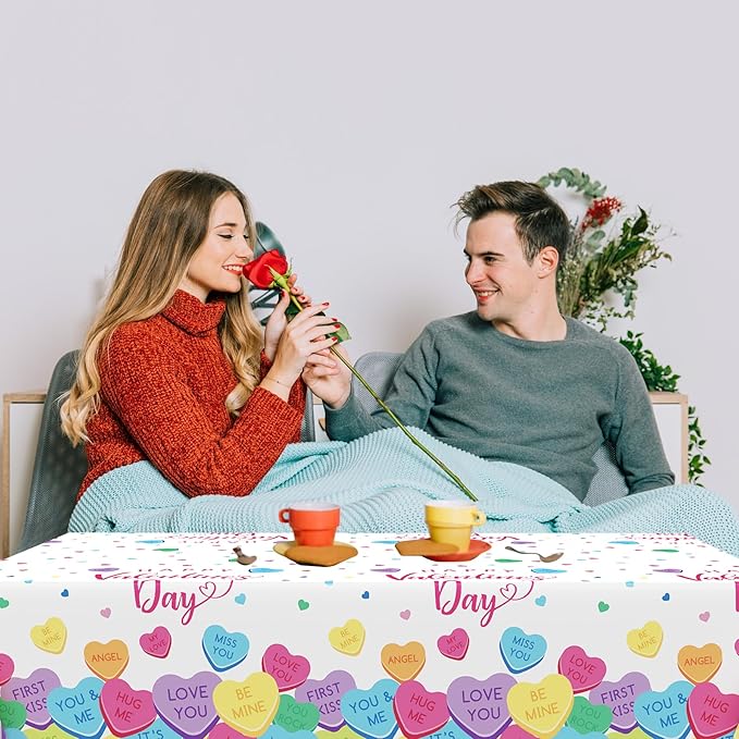 3Pcs Valentines Day Tablecloth, 54 x 108 Inch Conversation Hearts Plastic Table Cover, Colorful Love Heart Tablecloth for Wedding Anniversary, Valentines Day Decorations
