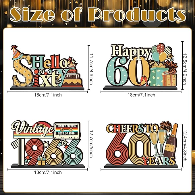 60th Birthday Decorations for Men Women - Colorful Vintage 1966 Sixty Birthday Wooden Centerpieces Table Decor, Cheers to 60 Years Old Bday Table Topper Sign Party Supplies