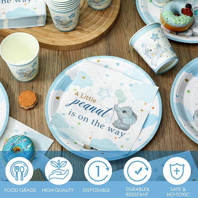 200 Pcs Blue Elephant Baby Shower Paper Plates Napkins Cups Its a Boy Baby Shower Party Supplies Tableware Set Elephant Disposable Cup Napkin for 50 Guest Girls Spring Party Decoration