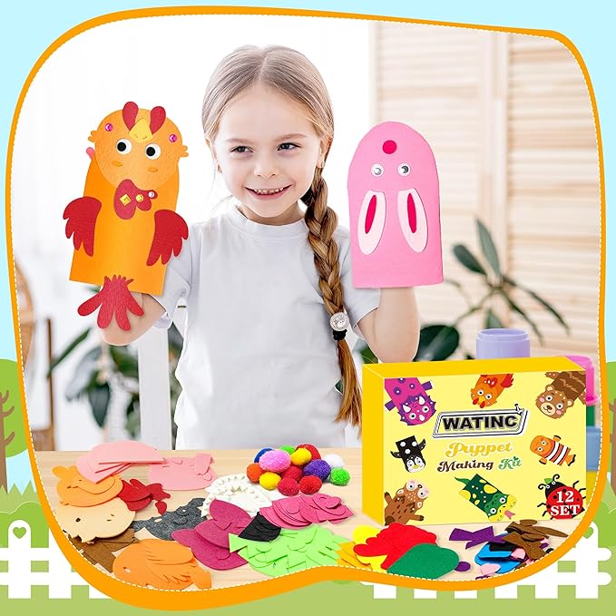 WATINC 12Pcs Hand Puppet Making Kit, Art Craft Felt Sock Puppet Toys, Creative DIY Make Your Own Pompoms Wiggle Googly Eyes Storytelling Role Play Party Supplies Gift for Girls Boys (Animals Farm A)
