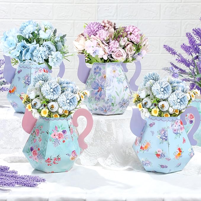 Fulmoon 6 Pcs Tea Party Decorations 6.7'' Flower Box Table Paper Teapot Princess Centerpiece Vase Table Decor Wonderland Fancy Party Decor for Floral Tea Birthday Baby Shower Wedding (Elegant)