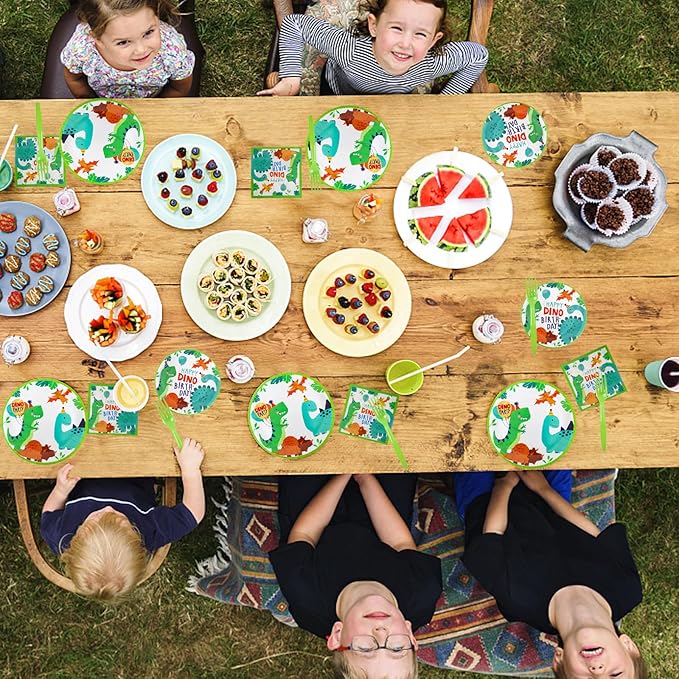 96 Pcs Dinosaur Party Supplies, Dinosaur Theme Birthday Party Decoration Includes Plates Napkins Forks, Dino Tableware Set for Birthday, Serves 24 Guests
