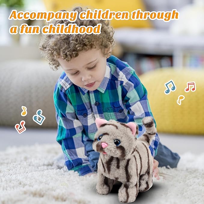 Easfan Walking Kitty Plush Toy Electric Interactive Cat Stuffed Animal Meowing Tail Wagging Head Nodding Cat Pet Toy Animated Kitten Birthday for Kids Toddlers,9"