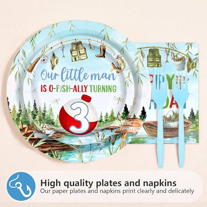 96Pcs Fishing 3rd Birthday Party Decorations Gone Fishing Three Paper Plates and Napkins Ofishally Three Disposable Tableware Set for Fisherman Baby Shower 3rd Birthday Party Supplies, Serves 24