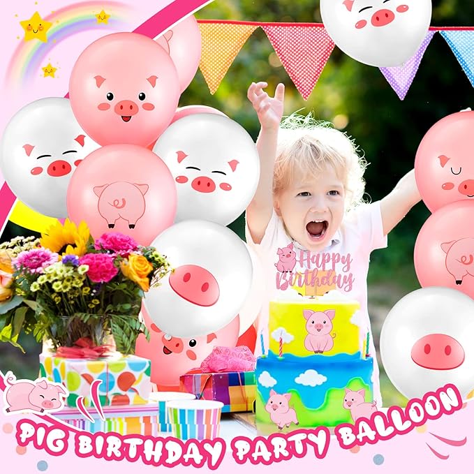 50 Pcs Pig Farm Animal Balloons 12 Inch Pig Print Latex Piggy Pink Birthday Party Decorations Cute Kids Balloons for Farmhouse Pink Farm Themed Birthday Baby Shower Party Supplies