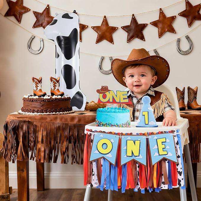 Cartoon Toy Highchair Banner for Baby First Birthday Party Decorations Blue Sky With Clouds High Chair Tassel Banner for Boys Girls Western Cowboy 1st Birthday Photo Props Backdrop Decoration