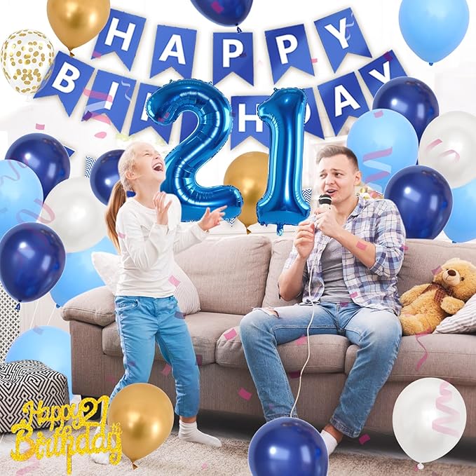21st Birthday Decorations, Dark Happy Birthday Party Decorations With Number 21 Balloons Metallic Gold Pearl White Light Blue Fringe Curtain Banner Cake Topper For Man Woman Party Supplies