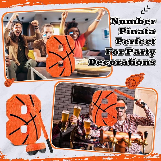 Soulchen Basketball Number 2 3 4 8 Pinata Basketball Party Decorations 16 Inch Piñata with Blindfold Stick and Confetti for Birthday Sports Theme Party Supplies Centerpiece(Number 8)