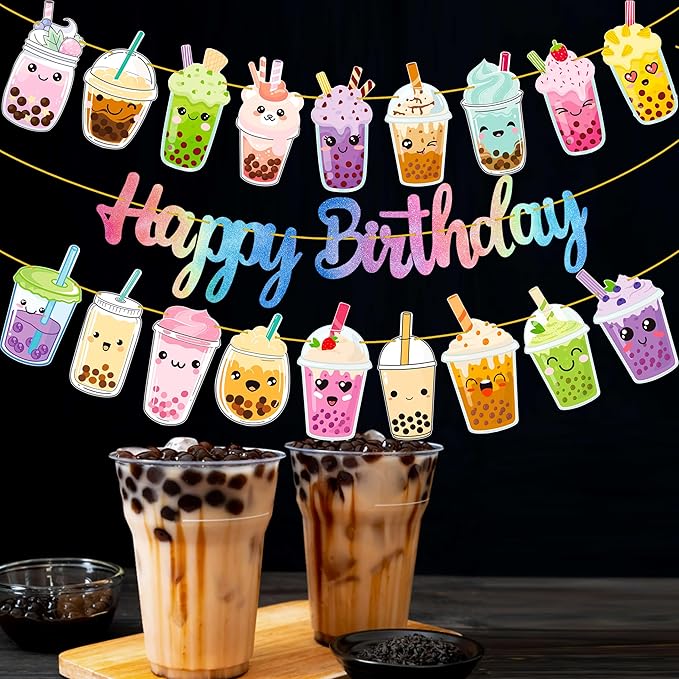 Bubble Tea Birthday Party Decoration Bubble Milk Tea Theme Colorful Happy Birthday Banners for Boba Theme Birthday Party Baby Shower Supplies