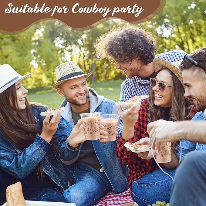 100 Pcs Western Plastic Cups 12 oz Clear Disposable Plastic Cowboy Cowgirl Drinking Cups Bulk for Boho Preppy Baby Shower Birthday Wild West Party Decoration Supplies(Western Cowboy,Brown)