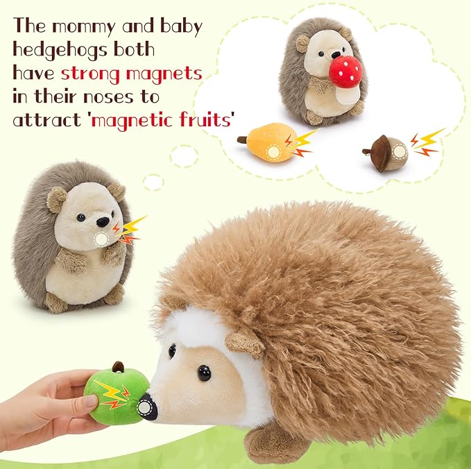 MaoGoLan Magnetic Hedgehog Plush Toys Family Set, Mama & Baby with 4 Fruits - 16" Soft Stuffed Animals for Imaginative Play, Educational Toys, Christmas Easter Gift for Kids