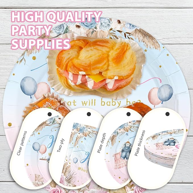 168Pcs Boho Gender Reveal Party Decorations He Or She Pink Blue Plates Napkins Cups Forks Knives Spoons Disposable Paper Tableware for Boy Or Girl Baby Shower Party Supplies Serves 24
