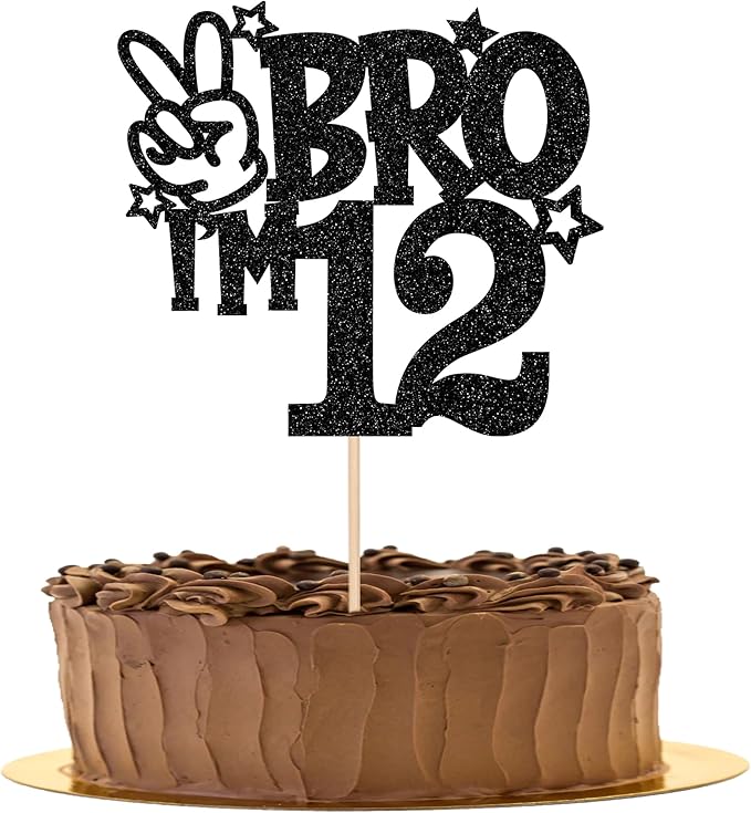 1 PCS Brother I'm 12 Cake Topper Glitter Star Happy 12th Birthday Cake Pick Bro I'm 12 Cake Decoration It's My 12th Birthday Decorations for Boys Cheers to 12 Years Old Birthday Party Supplies Black