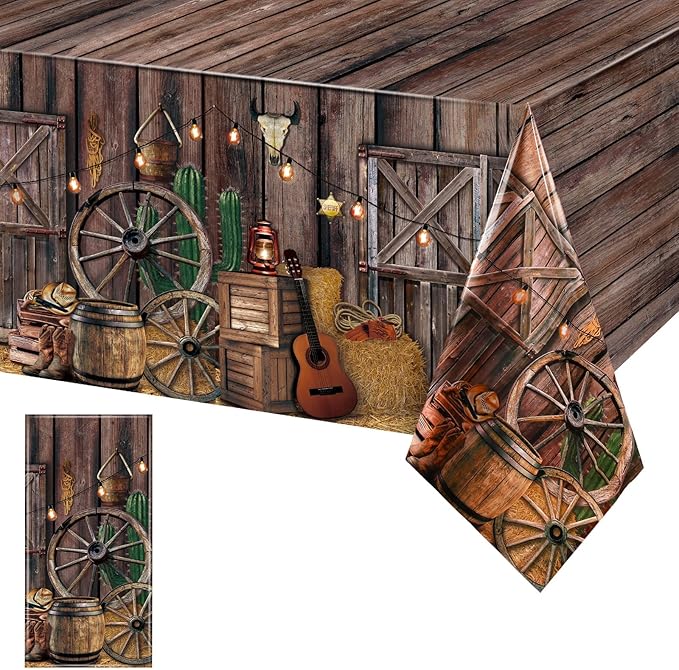 Tiamon 1 Pcs Western Party Tablecloth Western Cowboy Party Table Cover Cowboy Theme Plastic Tablecloth Wild West Wooden House Table Cover for Birthday Supplies