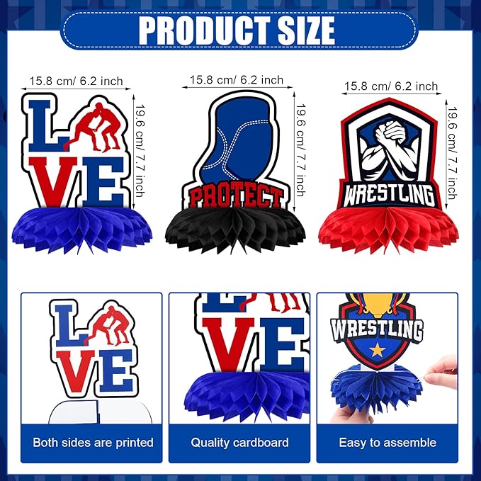 9 Pcs Wrestling Birthday Decorations Wrestling Honeycomb Centerpieces Double Sided Table Topper for Wrestler Match Party Supplies Favors Birthday Decorations Photo Booth Props