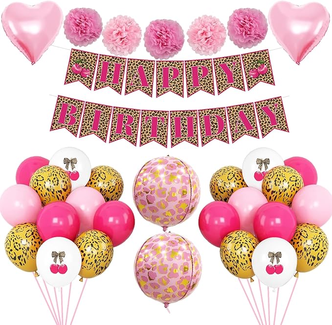 Pink Cheetah Print Birthday Decorations Leopard Foil Cherry Print Balloons Happy Birthday Banner with Heart Balloons for Women Baby Shower Safari Wild Birthday Theme Party Supplies
