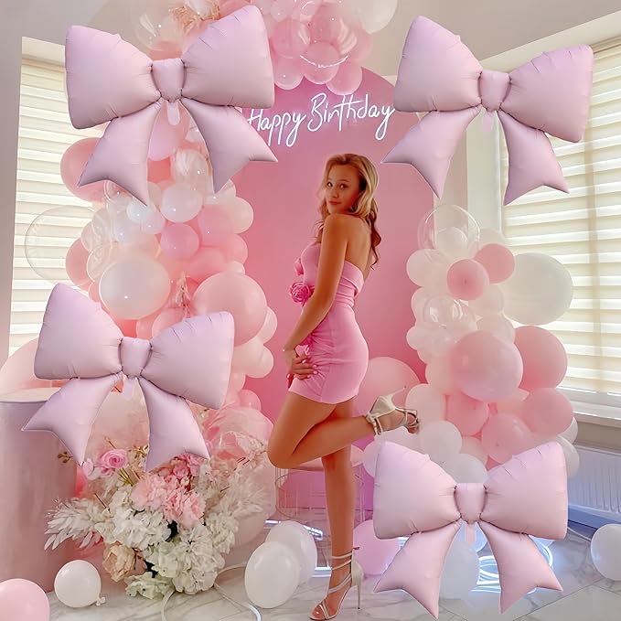 4Pcs Red Pink Bow Balloons Decor/38 Inch Jumbo Bow Birthday Decorations for Girls Women, Valentines Day, Galentines Party, Bachelorette Girls Night, Bridal Shower Wedding Engagement Photo Booth Props