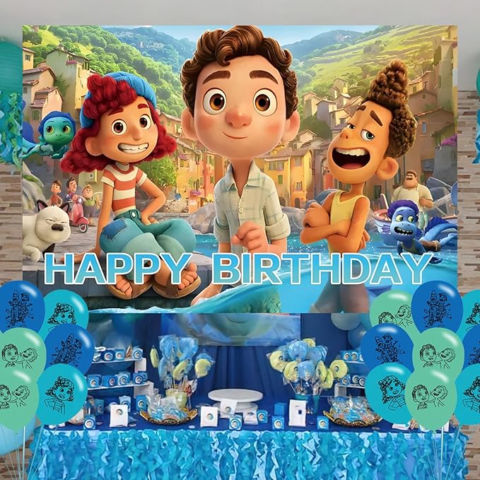 Luca Birthday Party Decoration,Cartoon Party Photo Background 5 x 3 FT and 18 Pcs Balloon,Merch Party Backdrop Supplies