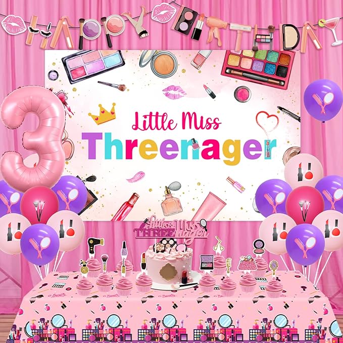 Little Miss Threenager 3rd Birthday Decorations Makeup Party Supplies for Girls 3rd Birthday Little Miss Threenager Banner Backdrop Tablecloth Makeup Cake Toppers for Spa Salon Bday