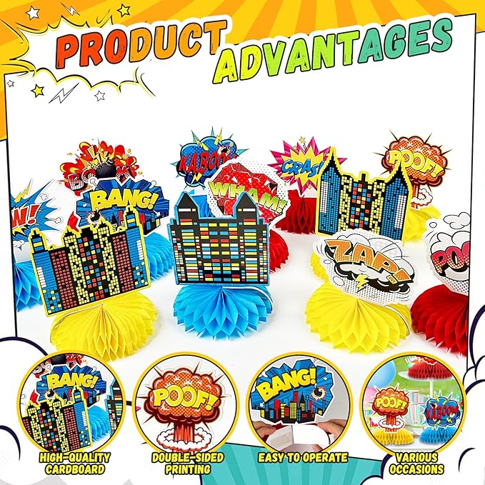 12 PCS Hero Party Decorations, Hero Theme Happy Birthday Decorations, Fun Action Honeycomb Centerpieces Decor Table for Party Supplies for Women Men Boys Girls