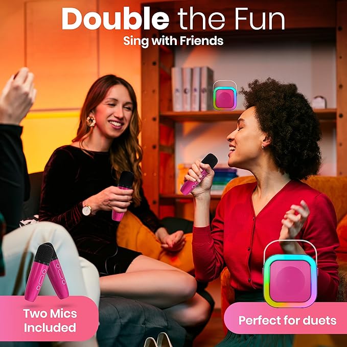 Mini Karaoke Machine for Kids Adults Teen with 2 Wireless Microphones, Gifts for Girl, Toys for Girls 6-8, Small Portable Bluetooth Speaker, Microphone, Car Singing Mic, Kareoke, Toddler Gift