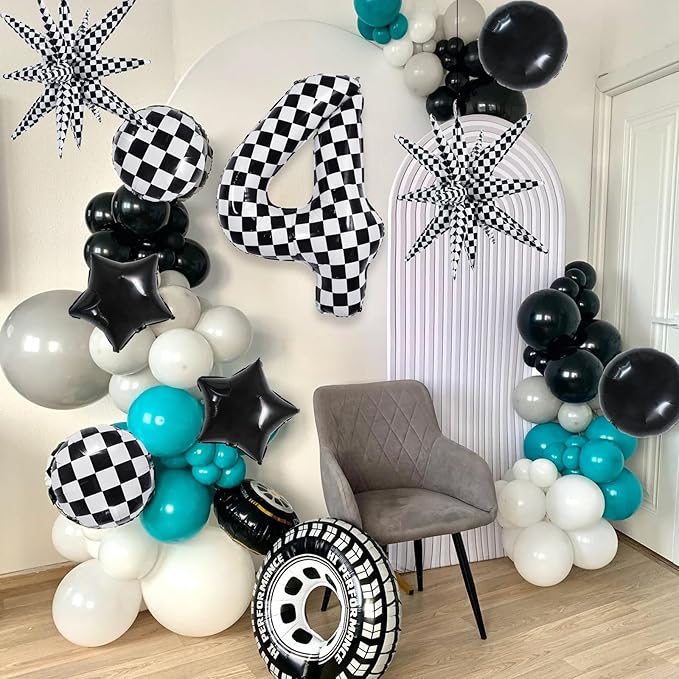 TONIFUL 40 Inch Checkered 4th Birthday Balloons Set Number 4 Race Car Black Black White Checkered Round Explosion Star Balloons Boys Race Car Themed Birthday Party Decoraction