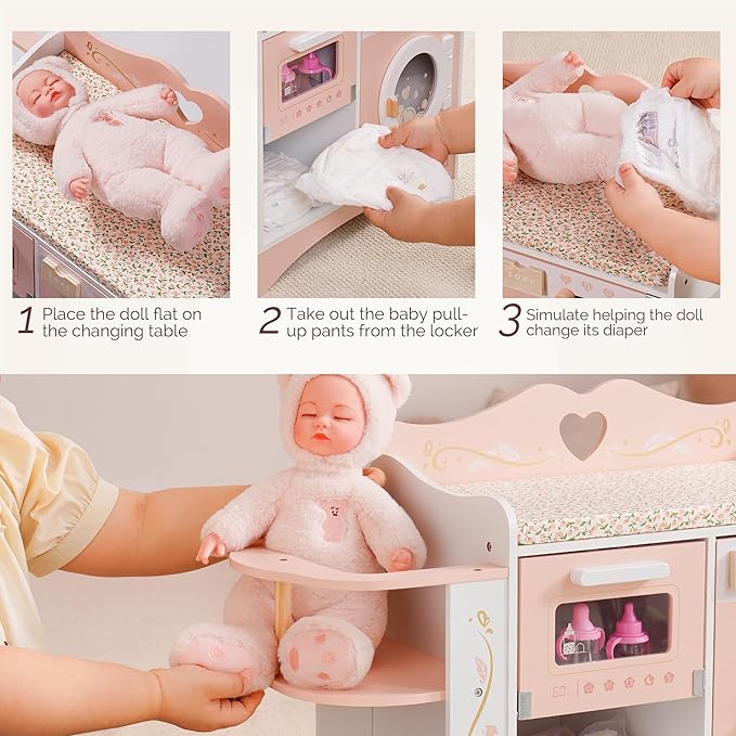 ROBOTIME Wooden 6-in-1 Baby Doll Changing Table with Baby Doll Crib, Washing Machine, Bottle Sterilizer, Storage Area, and Doll Seat, Ideal Role-Playing Toy for Kids 3+, Fits Dolls Up to 20 in, Pink