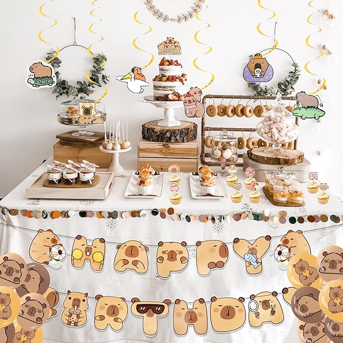 Capybara Theme Birthday Party Decorations, Birthday Party Supplies Decorations Set Include Banner, Balloons, Cake Toppers and Cupcake Toppers for Home Classroom Decor