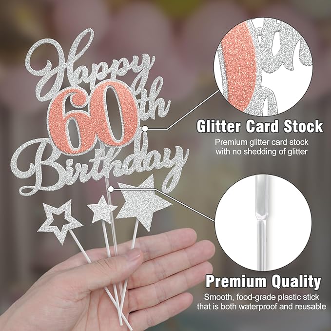 Happy 60th Birthday Cake Toppers, Rose Gold Silver Glitter Cake Decorations Set, 60th Birthday Decor, Birthday Anniversary Party Decorations Supplies