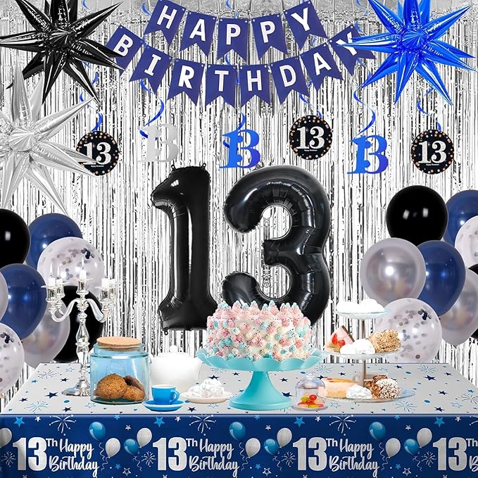 13th Birthday Decorations for Boys and Girls Dark Blue, Official Teenager Decorations HAPPY BIRTHDAY Banner 13 Balloon Number Tablecloth Foil Star Balloons Garland Arch Kit-13 Year Old Party Supplies
