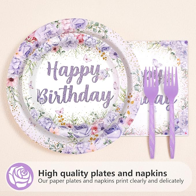 96Pcs Purple Floral Birthday Party Decorations Spring Purple Flowers Birthday Plates and Napkins Sets Flower Butterfly Decorations for Women Girls Lady Rose Shower Party Supplies Serves 24