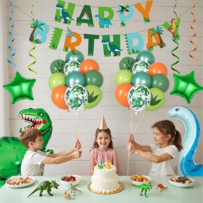 Amandir Dinosaur 2nd Birthday Party Decorations for Boys Girls, Foil Green Star Number 2 Dinosaur Balloons with Happy Birthday Banner Hanging Swirls for Dino Baby Shower Party Supplies