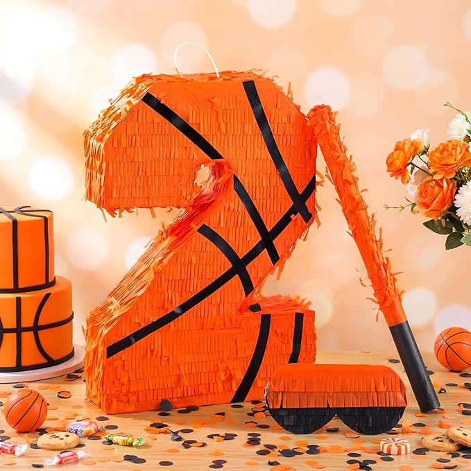 Soulchen Basketball Number 2 3 4 8 Pinata Basketball Party Decorations 16 Inch Piñata with Blindfold Stick and Confetti for Birthday Sports Theme Party Supplies Centerpiece (Number 2)