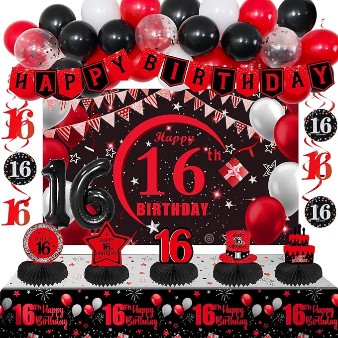 16th Birthday Decorations for Boys Girls Red Black, Sweet 16 Party Decorations with Happy 16th Birthday Banner Backdrop 16 Balloon Numbers Honeycomb Centerpieces Tablecloth 16 Years Old Party Supplies