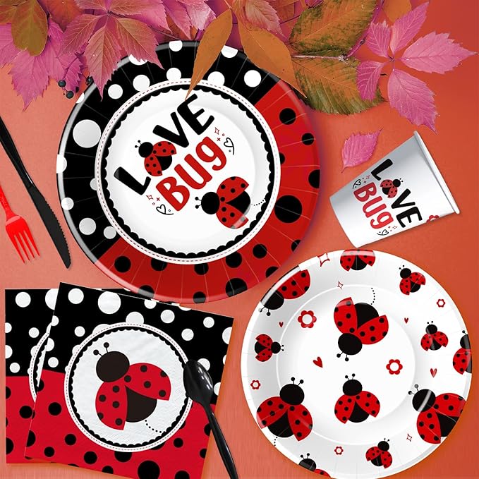 Xigejob Ladybug Birthday Party Decorations Tableware, Ladybug Party Supplies Girl for Birthday Baby Shower, Paper Plate, Cup, Napkin, Tablecloth, Disposable Cutlery, Straw, Serves 24