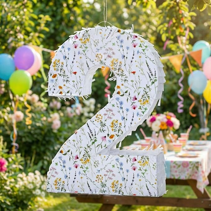 Wildflower Number Pinata Birthday Decorations Spring Floral Pinata with Stick Blindfold Confetti for Birthday Party Supplies Baby Shower Decor(Number 2)