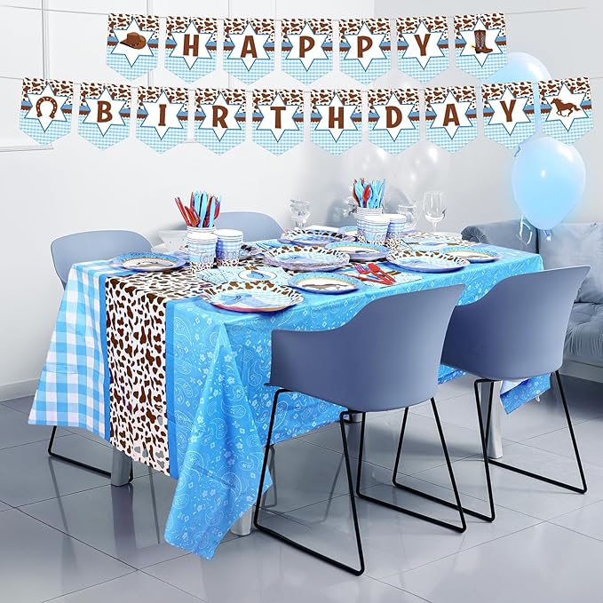 Gejoy 171 Pcs Western Cowboy Birthday Party Tableware Supplies for 24 Guests Cowboy Plates Napkins Birthday Banners Tablecloths Cups Knives Forks and Spoons for Party Decorations