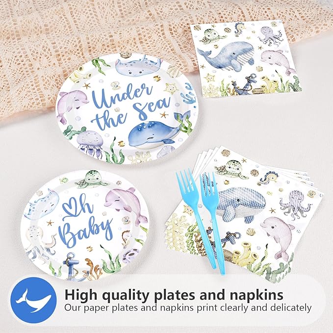 96Pcs Under The Sea Baby Shower Decorations Ocean Theme Party Plates and Napkins Disposable Sea Life Tableware Set Under The Sea Party Supplies for Birthday Baby Shower Underwater World Party Serve 24