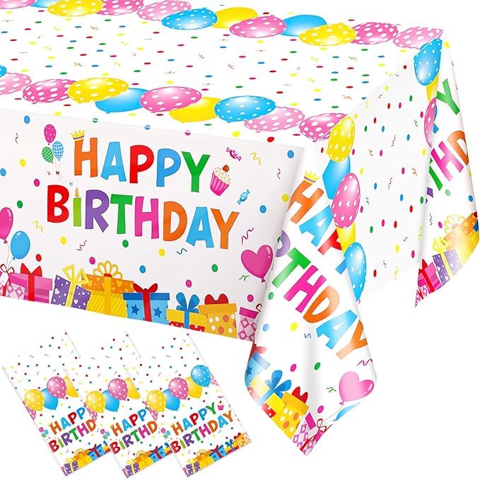 WNINK 3 Pack Happy Birthday Plastic Tablecloths, 54×108 Inch Disposable Waterproof Birthday Party Table Covers, Colorful Polka Dot Rectangle Tablecloths for Kids Boys Girls Birthday Decorations