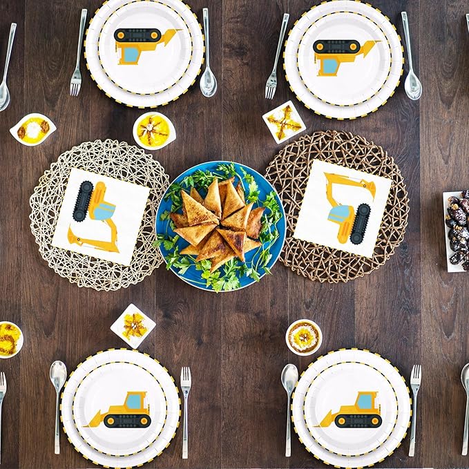 Whaline 96Pcs Construction Party Tableware Dump Truck Paper Plate Napkin Cup Yellow Black Disposable Dinnerware Set for 24 Guests Birthday Party Table Decor