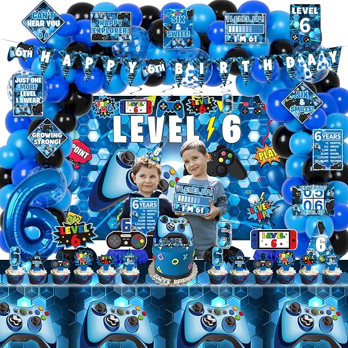 6th Birthday Decorations for Boys, 149Pcs Blue Video Game level 6 Party Supplies for Boy 6th Birthday - Backdrop, Banner, Balloons, Tablecloth, Centerpieces, Hanging Swirls, Wall Signs