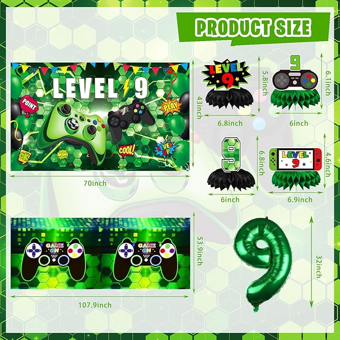 9th Birthday Decorations for Boys, 148Pcs Green Video Game level 9 Party Supplies for Boy 9th Birthday - Backdrop, Banner, Balloons, Tablecloth, Centerpieces, Hanging Swirl, Hat, Wall Signs