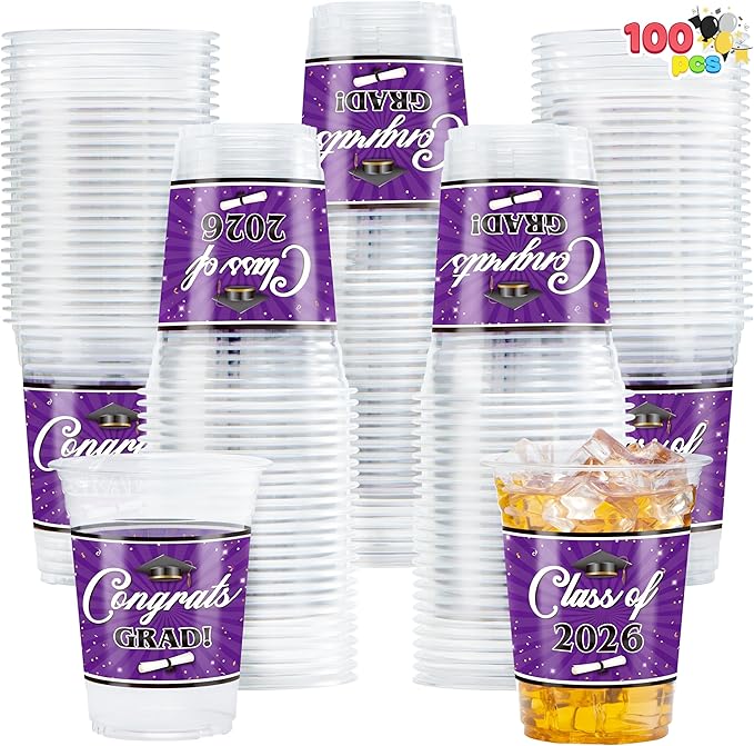 JOYIN 100 Pcs 16oz Graduation Party Plastic Cups (Purple), PET Cup Tableware Bulk for Class of 2026 Graduates, Grad Disposable Cups for 2026 High School College Graduation School Grad Party Supplies