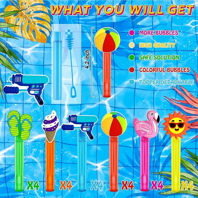 Pool Party Favors,24Pcs Summer Bubble Wands for Kids,Beach Bubble Wand for Pool Birthday Party Supplies,Classroom Prizes Pinata Goodie Bag Stuffers Gift